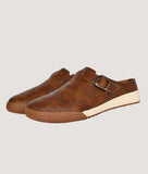 Men's printed ethnic clogs with buckle design, brown color.