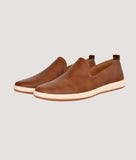 Men's loafer shoes, brown perforated slip-on style, lightweight.