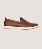 Men's perforated lightweight slip-on loafers, brown, side view.