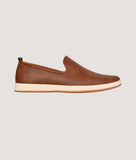 Brown perforated slip-on loafers for men, lightweight and stylish.