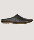 Men's black clogs style mule shoe with perforated design and brown sole.