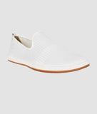 Men's white perforated slip-on loafers with brown sole.