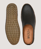 Men's black perforated clogs style mule shoes with tan soles, comfortable and durable.