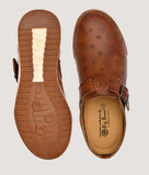 Big Boon Men's Printed Ethnic Clogs with brown design and buckle closure, showcasing sole and top view.