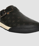 Men's printed ethnic clogs with buckle detail and unique design.