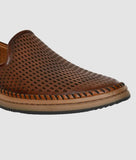 Brown ethnic loafer with laser-cut synthetic leather and flat TPR sole for men