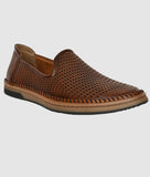 Brown ethnic loafer men's slip-on shoe with laser-cut synthetic leather upper and flat TPR sole.