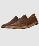 Ethnic loafer men's brown laser-cut synthetic leather slip-on shoes with flat TPR sole and medium width.