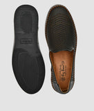 Black synthetic leather ethnic loafer shoes for men with laser-cut design and TPR sole, flat heel, slip-on style.