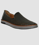 Black men's ethnic laser-cut loafer shoe with synthetic leather and flat TPR sole