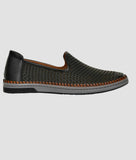 Big Boon men's ethnic loafer shoe in black synthetic leather with laser-cut design and flat TPR sole