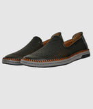 Black Big Boon men's ethnic loafer shoes with laser-cut design and flat TPR sole