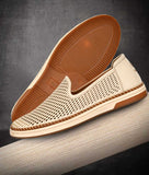 Beige men's ethnic loafer shoes with laser-cut detailing and TPR sole