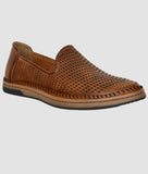 Brown ethnic loafer for men with laser-cut synthetic leather and flat TPR sole