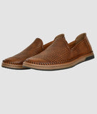 Ethnic loafer men’s laser style brown synthetic leather slip-on shoes with perforated design and flat TPR sole