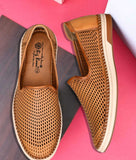 Big Boon men's ethnic loafer shoes in tan synthetic leather with laser-cut detailing and flat TPR sole.