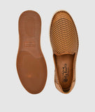 Top and sole view of Big Boon men's laser style ethnic loafer shoes in synthetic leather with flat heel and slip-on design