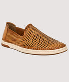 Big Boon men's ethnic loafer shoe in tan synthetic leather with laser-cut detailing and flat TPR sole.