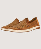 Brown ethnic loafer shoes with laser-cut detailing and flat TPR sole for men