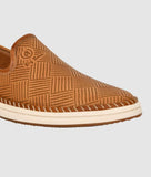 Men's stylish casual ethnic loafer shoe in brown synthetic leather with patterned design and flat TPR sole