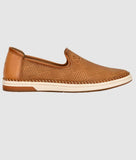 Men's ethnic loafer in tan synthetic leather with geometric pattern and flat TPR sole.