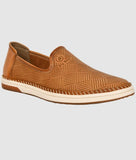 Men's ethnic loafer shoe in tan synthetic leather with geometric pattern and flat TPR sole