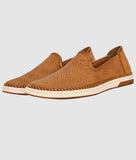 Men's ethnic loafer shoes in brown synthetic leather with woven design and flat TPR sole for casual wear