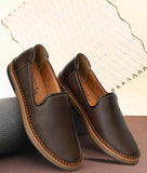 Men's brown ethnic loafer shoes with synthetic leather and flat heel, stylish casual slip-on design