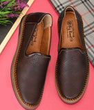 Pair of stylish brown ethnic loafer shoes for men with synthetic leather and flat TPR sole