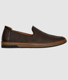 Men's ethnic loafer shoe in dark brown synthetic leather with slip-on style and textured pattern