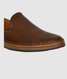 Brown men's ethnic loafer shoe with synthetic leather upper and slip-on design