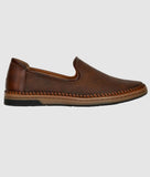Brown ethnic loafer for men with synthetic leather upper and flat TPR sole, slip-on design.