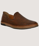 Men's ethnic loafer shoe in brown synthetic leather with flat heel and slip-on design.