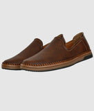 Men's brown ethnic loafer shoes with geometric pattern and slip-on design