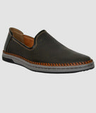 Men's ethnic loafer shoe in black synthetic leather with patterned design and slip-on style.