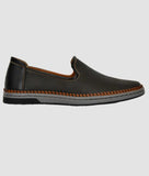 Men's ethnic loafer shoe in black synthetic leather with flat heel and slip-on design