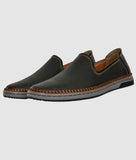 Men's black ethnic loafer shoes with flat heel and synthetic leather upper, stylish casual slip-on design