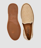 Men's ethnic loafer shoes in beige with woven pattern and TPR sole, slip-on casual footwear.