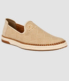 Men's ethnic loafer shoe in beige with geometric pattern and slip-on design, flat heel synthetic leather casual footwear
