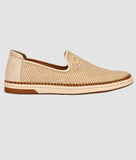 Men's ethnic loafer shoe in beige with geometric pattern and flat sole for casual wear