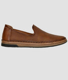 Men's ethnic loafer in brown synthetic leather with flat heel and TPR sole, slip-on casual shoe.
