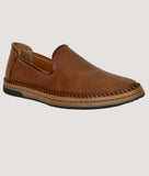 Brown ethnic loafer men's casual slip-on shoe with synthetic leather and flat TPR sole