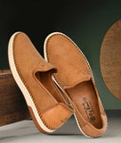 Men's stylish ethnic loafers in brown synthetic leather with flat TPR sole and slip-on design