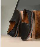 Black Big Boon men's ethnic loafer shoes with laser-cut synthetic leather and flat TPR sole