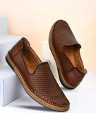 Brown ethnic loafer shoes for men with laser-cut synthetic leather and flat TPR sole