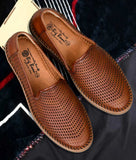 Brown synthetic leather men's loafer shoes with laser-cut detailing and flat TPR sole