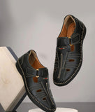Men's classic black Roman sandal with durable synthetic leather straps and TPR sole, featuring a supportive footbed and adjustable fit.